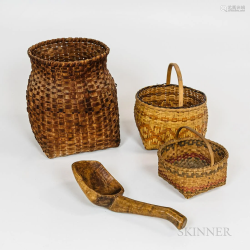 Three Native American Splint Wood Baskets and a Wood Ladle, ...