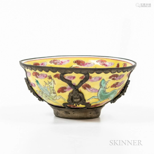 Enameled Yellow-ground Porcelain and Metal Bowl, silvered me...