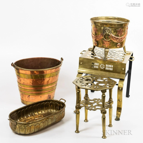 Five Brass and Copper Items, two kettle stands, two buckets,...
