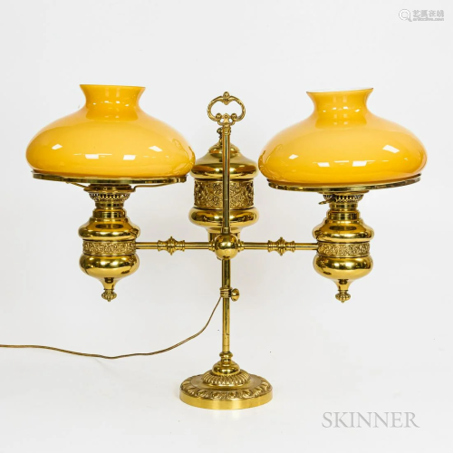 Brass Double Student Lamp with Gold Glass Shades, ht. 20 3/4...