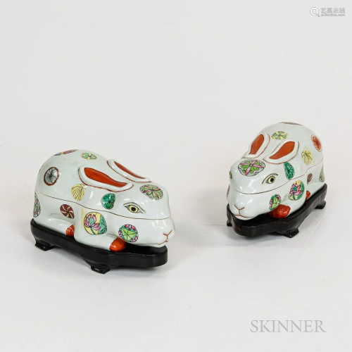 Pair of Modern Chinese Porcelain Rabbits Boxes, on carved wo...