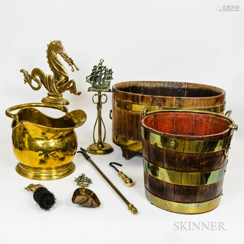 Group of Brass Items, including an ash bucket, fire accessor...