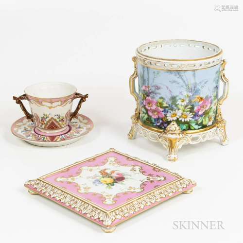 Four Decorated Paris Porcelain Items, a large two-handled cu...