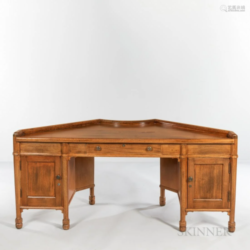 Modern Oak Corner Desk, with two doors, a center drawer, and...