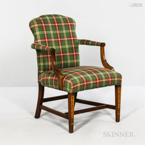 Georgian-style Mahogany and Inlay Plaid Upholstered Armchair...