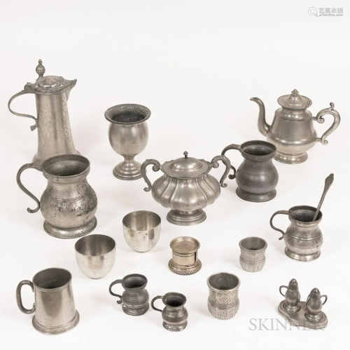 Seventeen Pieces of Pewter Item, including mugs teapot, cups...