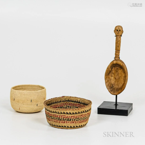 Two Pacific Northwest Baskets, and Wood Effigy Spoon, an Inu...