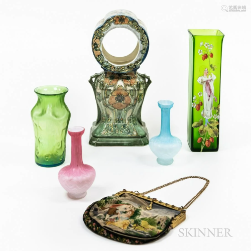 Group of Victorian Items, including satin glass vases, clock...