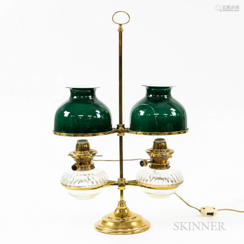 Brass and Glass Double-student Lamp, with green glass shades...