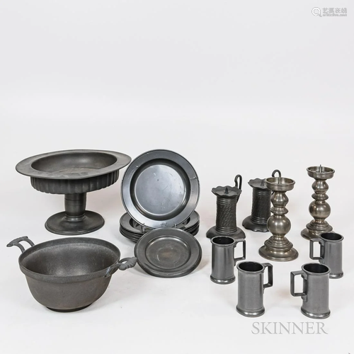 Group of Patinated Pewter Tableware, including small tankard...