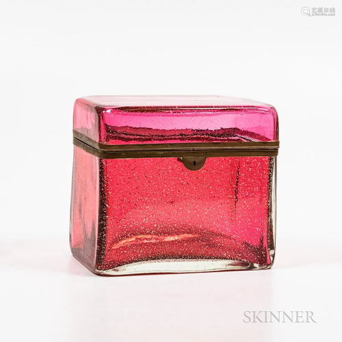 Large French Pink Glass Box, rectangular shape with hinged c...