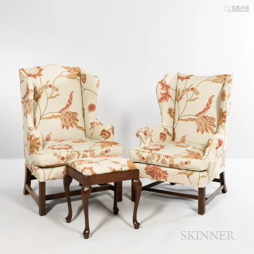 Two Chippendale-style Mahogany and Upholstered Wing Chairs a...