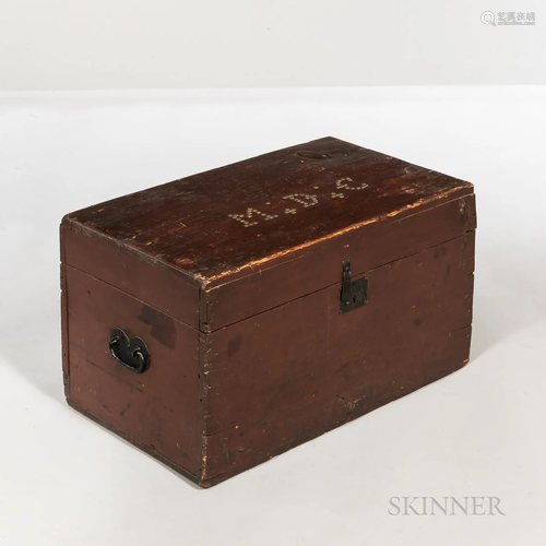 Red-stained Pine Storage Box, with studded monogram "M....