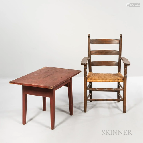 Country Maple Slat-back Arm Chair and a Red-painted Table, t...