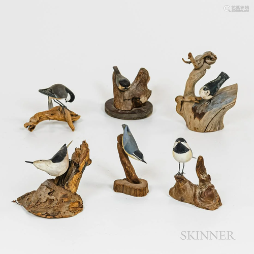 Six Miniature Carved and Painted Nuthatches and Chickadees, ...