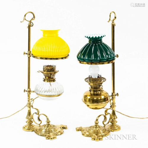 2 Brass single student lamps with yellow and green shades