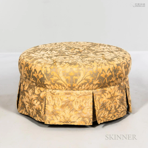 Modern Silk Upholstered Ottoman, ht. 16 1/2, dia. 29 in.