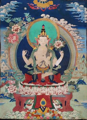 Chinese Thanka of Four Arm Guanyin