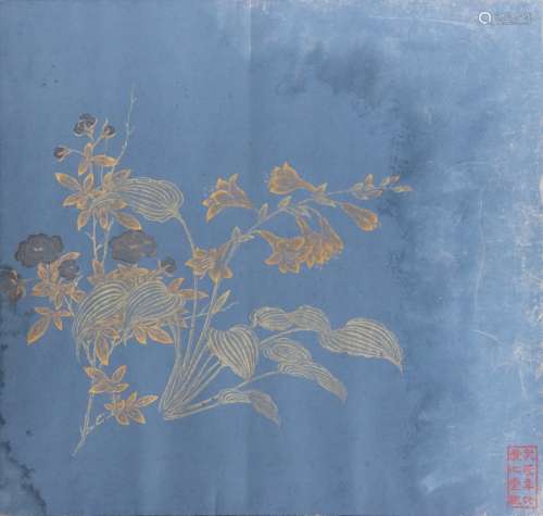 青色手绘花卉纹蜡笺 (有框）