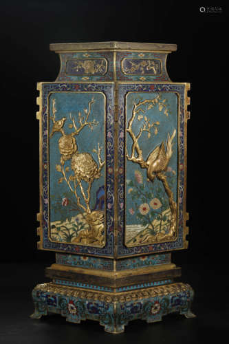 Gilt Bronze Cloisonne Enamel Incised Flower and Bird Vase