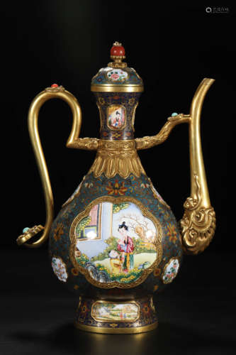 Gilt Bronze Cloisonne Enamel Huafalang Panel Figure Ewer