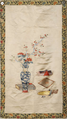 Chinese Flower and Antiques Embroidery, Hanging Scroll