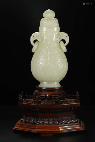 Khotan Jade Floral Vase and Stand