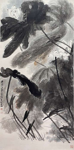 Chinese Lotus Painting, HangiNG Scroll, Zhang Daqian Mark