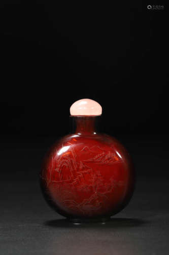 Red Glassware Landscape Inscribed Snuff Bottle