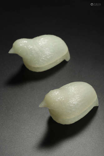 A Pair of White Jade Quail Pomander Boxes