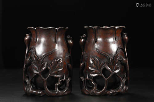 Pair of Sandalwood Floral Vases