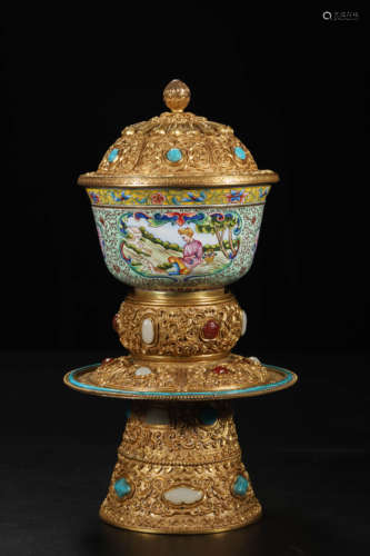 Engraved Cloisonne Enamel Bowl and Cover