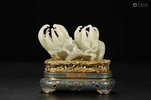 Carved White Jade Ornament with Cloisonne Enamel Stand