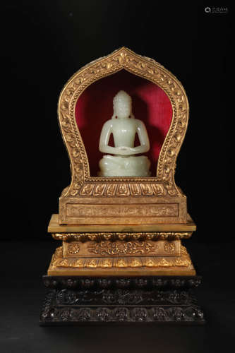 White Jade Figure of Shakyamuni and Gilt-Bronze Shrine