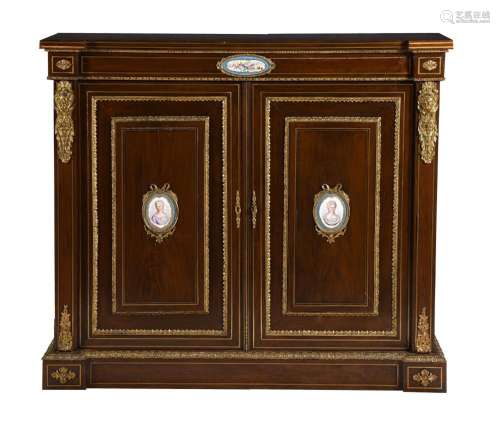 A FRENCH MAHOGANY, GILT METAL AND SEVRES STYLE PORCELAIN MOU...