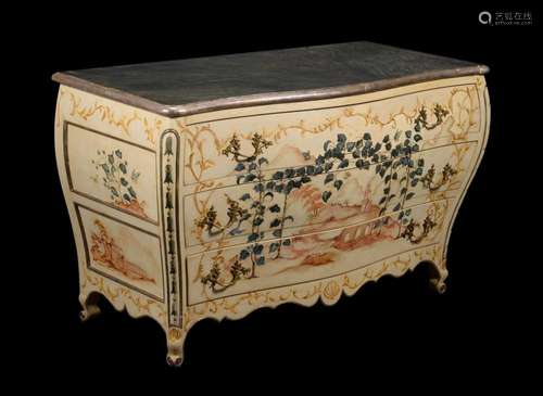 A FRENCH CREAM AND POLYCHROME PAINTED COMMODE IN LOUIS XV ST...