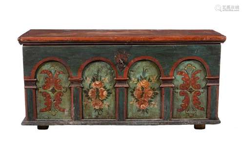 A POLYCHROME PAINTED PINE TRUNK OR MARRIAGE CHEST