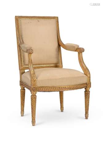 A FRENCH GILTWOOD FAUTEUIL IN LOUIS XVI STYLE