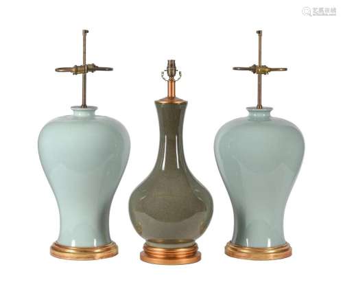 A MODERN PAIR OF LARGE PALE GREEN TABLE LAMPS IN CHINESE TAS...