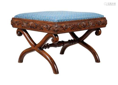 AN EARLY VICTORIAN WALNUT X-FRAME STOOL