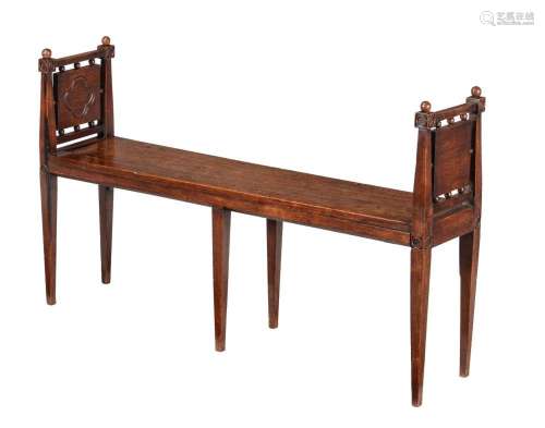 A STAINED OAK HALL BENCH