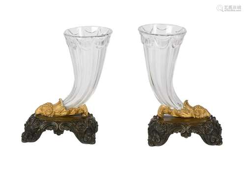 A PAIR OF BRONZE AND CUT GLASS CORNUCOPIA