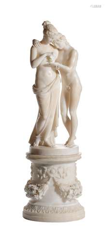 A SCULPTED ALABASTER GROUP OF TWO MAIDENS