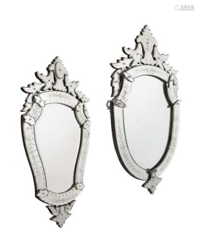 A PAIR OF ETCHED GLASS WALL MIRRORS IN VENETIAN TASTE