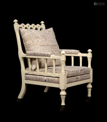 A CREAM PAINTED AND UPHOLSTERED ARMCHAIR, IN VICTORIAN '...