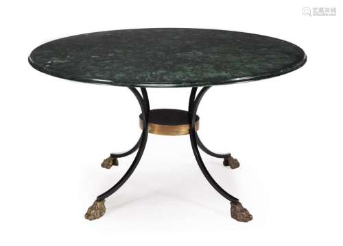 A WROUGHT METAL AND SIMULATED MARBLE TOPPED CENTRE TABLE