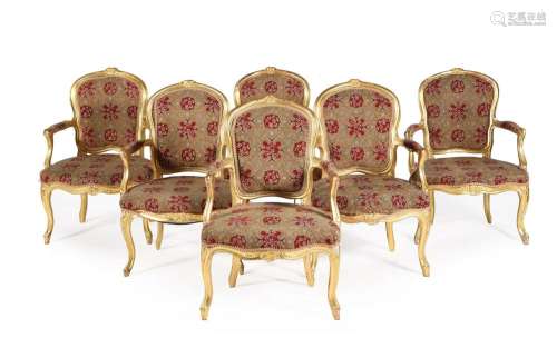 A SET OF SIX GEORGE III GILTWOOD AND TAPESTRY UPHOLSTERED AR...