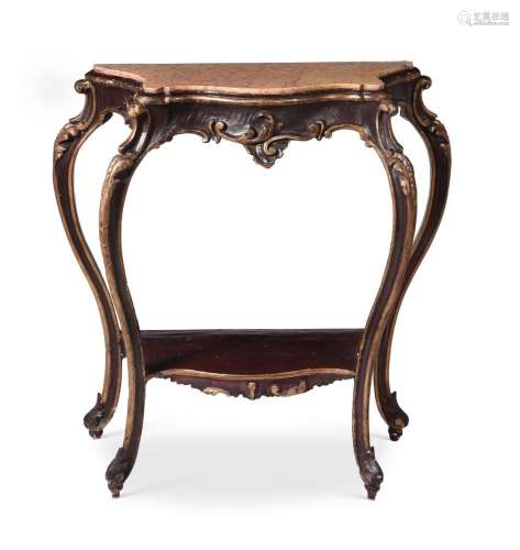 AN ITALIAN PAINTED AND GILTWOOD CONSOLE TABLE WITH MARBLE TO...