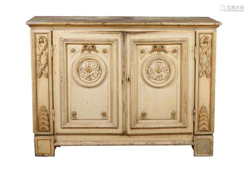 A CONTINENTAL CREAM PAINTED AND PARCEL GILT SIDE CABINET