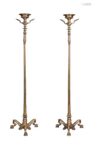 A PAIR OF BRASS TORCHERE LAMPS, IN NEO-CLASSICAL TASTE